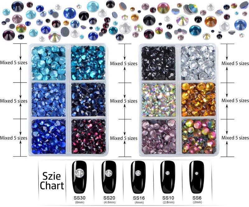LPBeads 6400 Pieces 12 Colors Hotfix Rhinestones Flat Back 5 Mixed Sizes Crystal Round Glass Gems with Tweezers and Picking Rhinestones Pen - Image 2